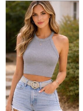 TWO aerie Ribbed Halter Crop Tanks - Light Gray & Black